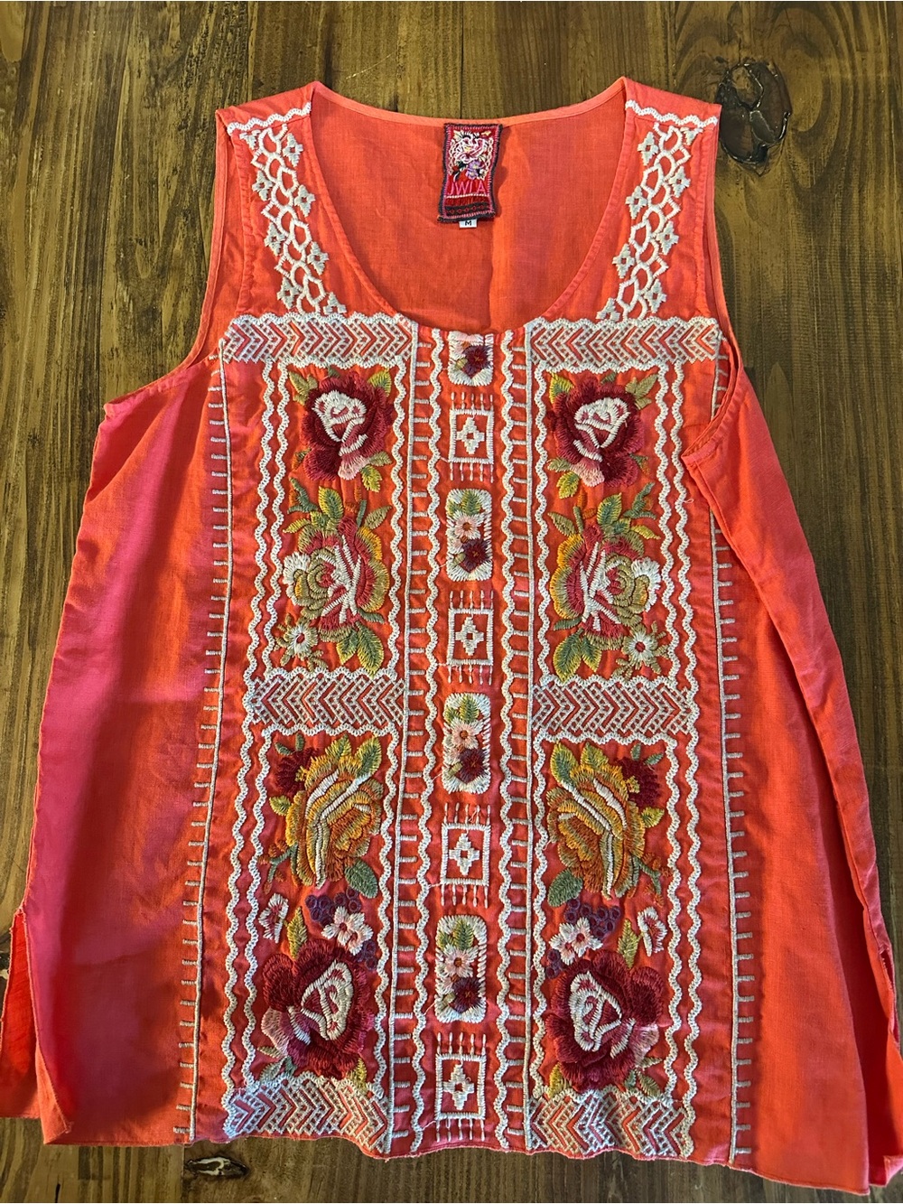 Johnny Was Coral Embroidered Floral Sleeveless Top